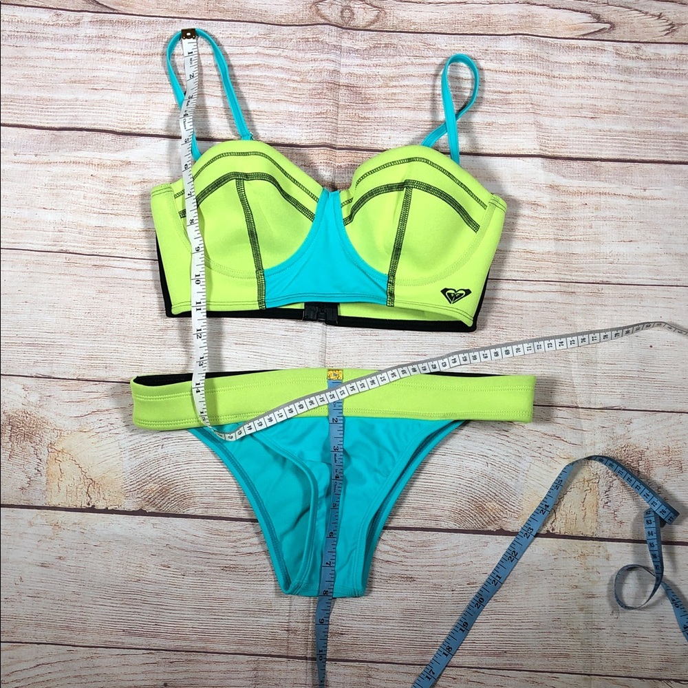 NWOT Roxy Neon Lime and Aqua Neoprene Surf Two-Piece Bikini Set - Picture 3 of 13